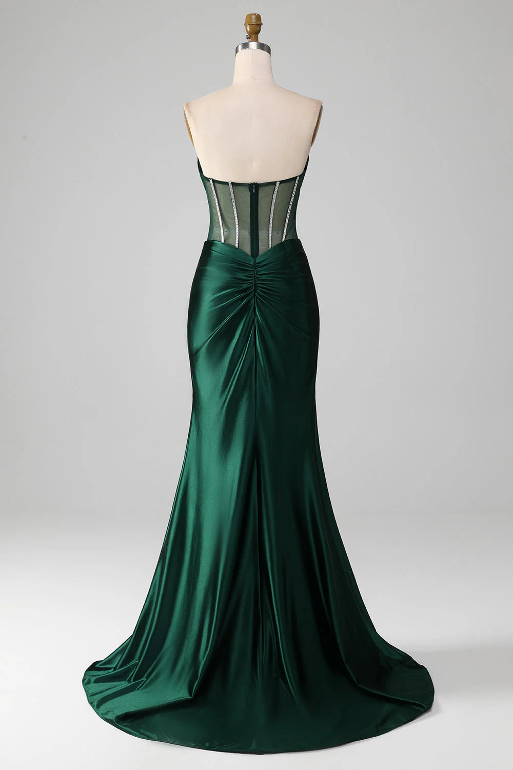 Vestido de fiesta de sirena verde oscuro con escote en forma de corazón y corsé con abertura frontal